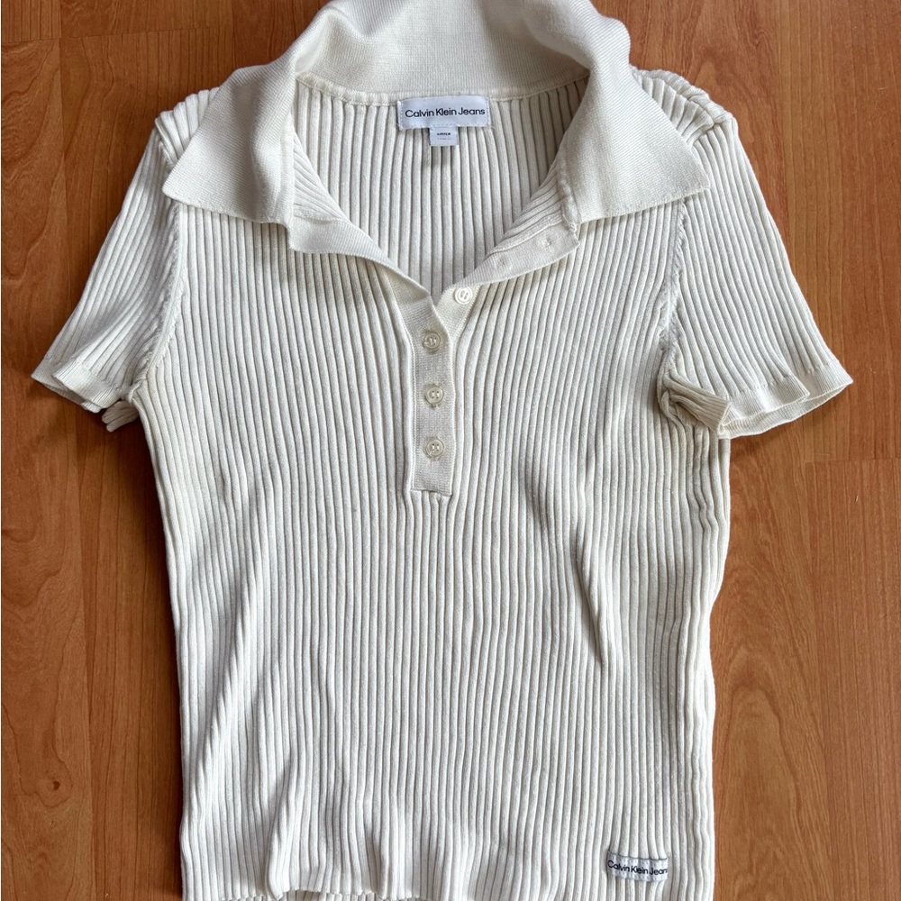 Calvin Klein Jeans Cream Ribbed Polo Shirt